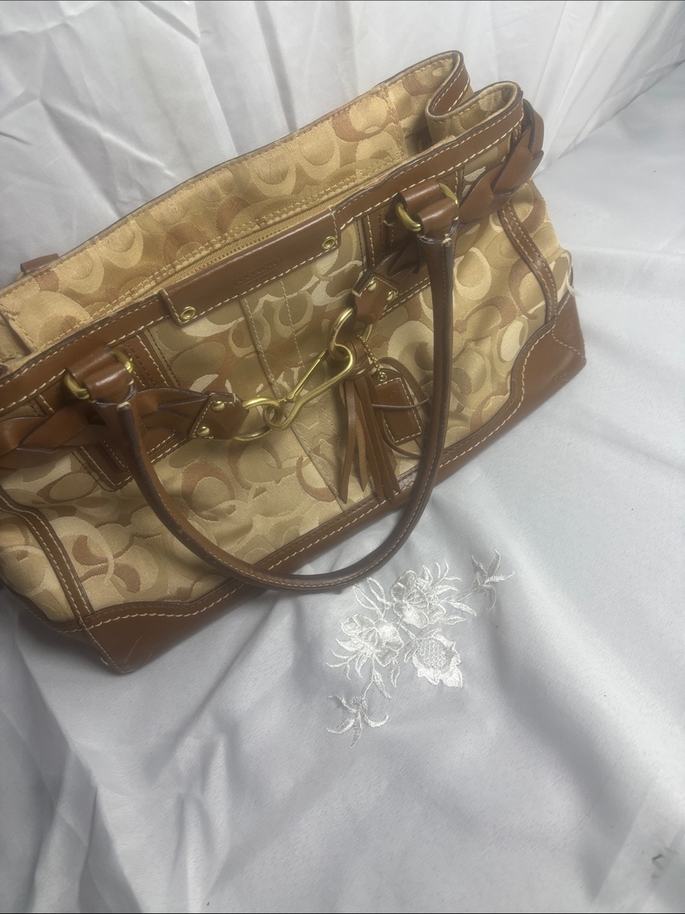Coach Tan and Cream Signature Canvas Tote with Leather Trim
